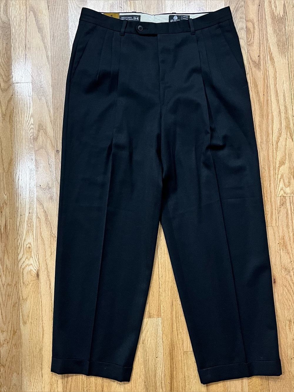 34x28" New Riviera Design II Jet Black 100% Wool Dress Trousers. Pleated, Cuffed